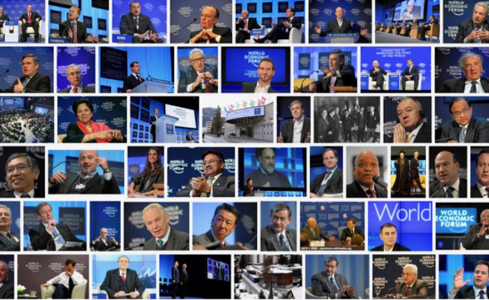 Montage of mostly men speaking at Davos