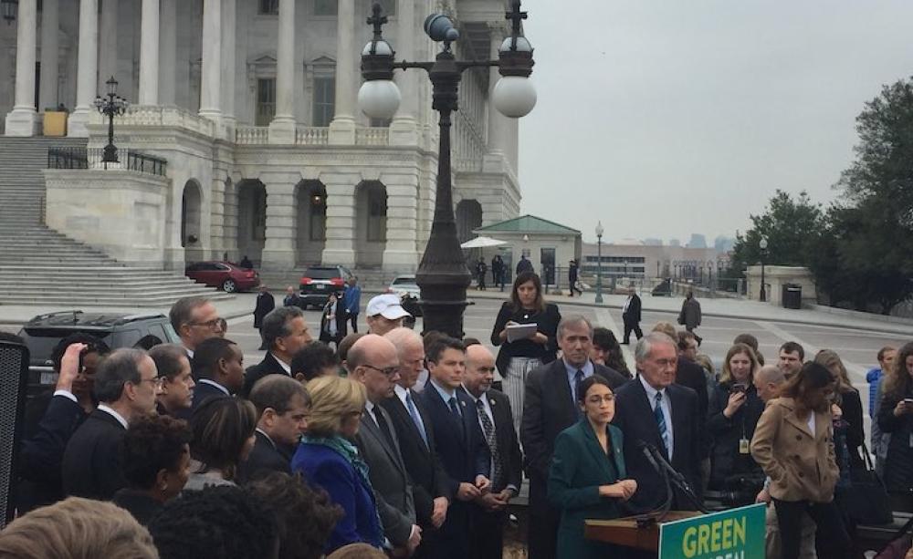 Congresswoman Alexandria Ocasio-Cortez and senator Ed Markey present their Green New Deal resolution to reporters
