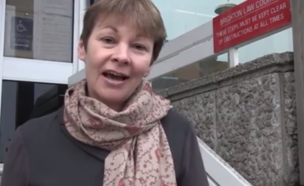 Caroline Lucas outside Brighton Court Centre. Photo: Zoe Broughton.