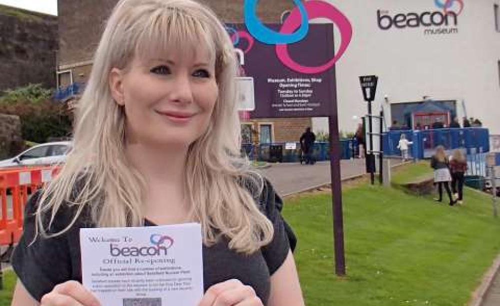 Greeting visitors to The Sellafield Story, a Radiation Free Lakeland activist offers leaflets setting out a dramatically different narrative. Photo: RFL.