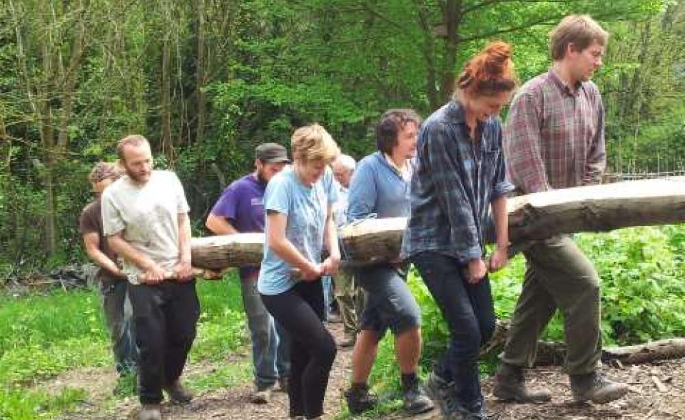 Hauling sweet chestnut roundwood up the steep include. Photo: Moulsecoomb Forest Garden.