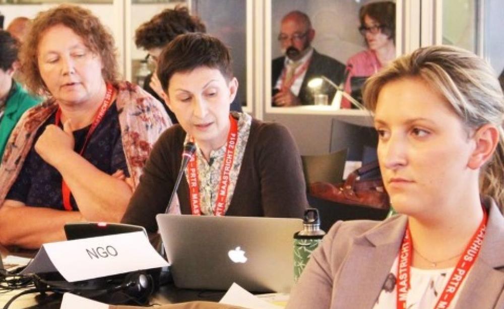 Tatyana Novikova (centre) at Aarhus, Denmark in a delegation from environmental NGO Ecohome to demand access to information about the Ostrovets nuclear power station under the Aarhus Convention. Photo: Ecohome.