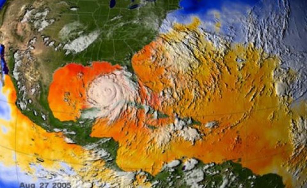 Hurricane Katrina caused the greatest property damage of any weather disaster in history. In the photo, it Katrina approaches landfall. Photo: NASA's Marshall Space Flight Center via Flickr, 27th August 2005.