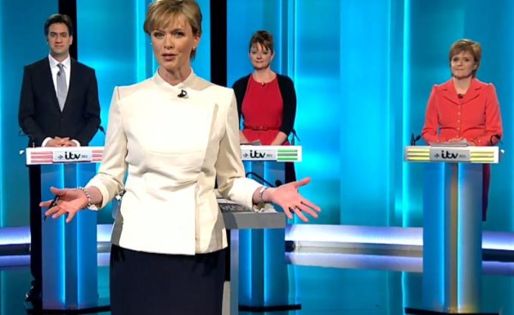 Still from the introduction to ITV's Election 20125 Leaders' Debate with Ed Miliband, Leanne Wood and Nicola Sturgeon, with presenter Julie Etchingham. Photo: ITV.