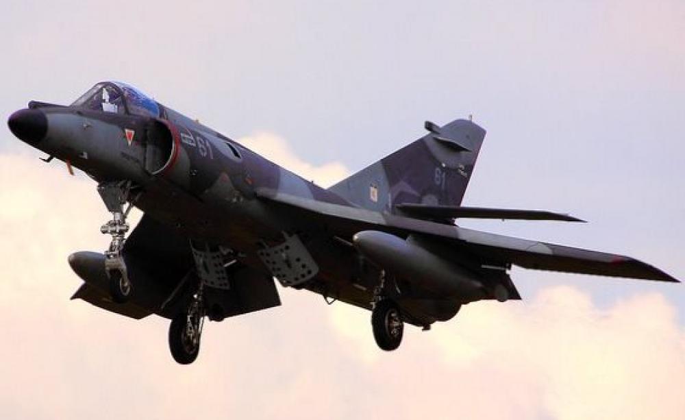 A Dassault Super-Etendard aircraft of the kind that sunk the UK's HMS Sheffield with an Exocet missile in the 1982 Falklands war. But after the UK extracted secret codes from the French, it could disarm them in mid air. Just like the US will surely be abl