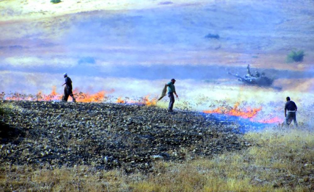 Residents of Kh. Basaliyeh putting out fire caused by military’s training. Between Kh. Basaliyeh and Humsah. Photo: ‘Aref Daraghmeh,, B’Tselem, 25 June 2015.