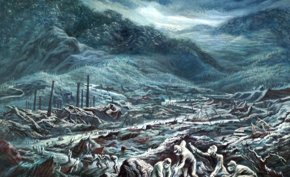 After the bomb: retrieving the dead of Nagasaki, August 1945. Painting by US Army, posted on Flickr by James Vaughan (CC BY-NC-SA).