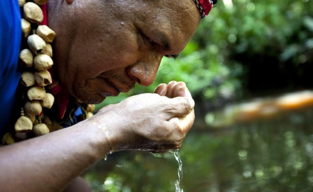 Cofan Indigenous leader Emergildo Criollo smells the petroleum contaminated river hear his home in the Amazon rainforest. Now the water is polluted, crops don't grow, and new illnesses and cancer have been introduced. Photo: Caroline Bennett / Rainforest
