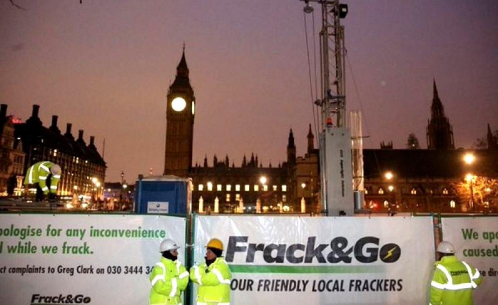 Greenpeace erecting their fracking rig in Parliament Square, London early this morning. Photo: Greenpeace.