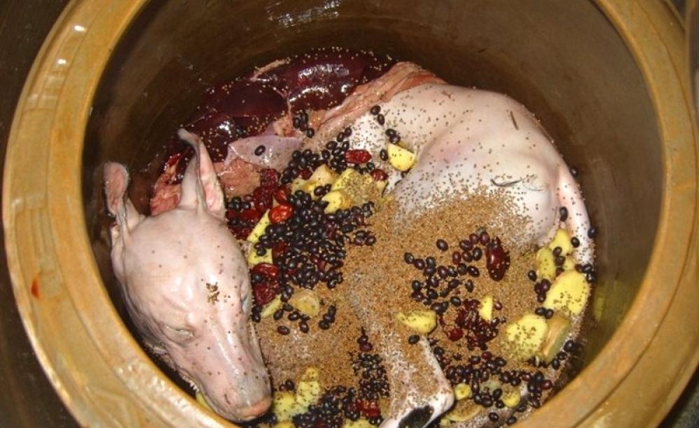 A flayed whole dog placed in a cooking pot with other ingredients to make the 'dog elixir' soup for South Korea's 'Boknal' festival. Photo: courtesy of Anneka Svenska.
