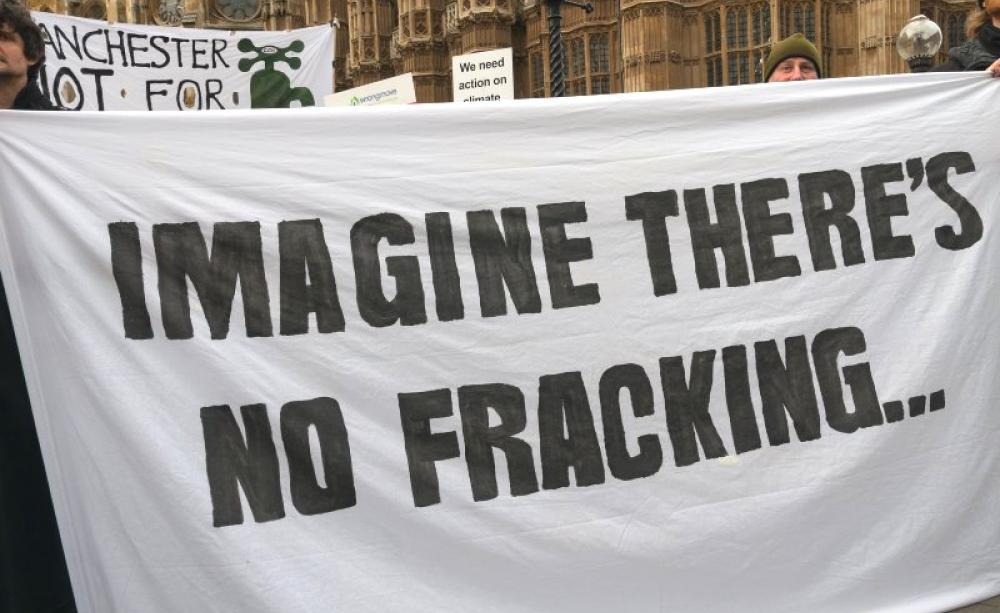 'Imagine there's no Fracking' - banner at London protest outside Parliament, 26th January 2015. Photo: Ron F. via Flickr (CC BY-NC-ND).