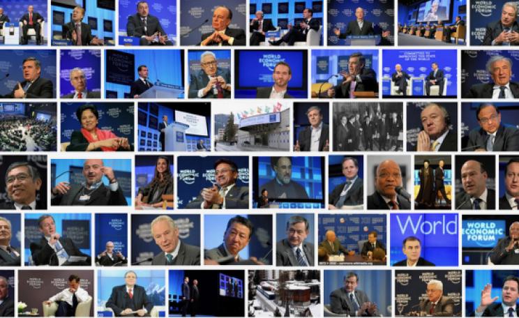 Montage of mostly men speaking at Davos