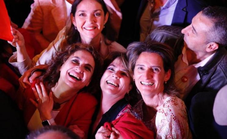Spain's finance minister Maria Jesus Montero, industry, commerce and tourism minister Reyes Maroto, justice minister Dolores Delgado García and minister for the ecological transition Teresa Ribera, celebrating Sunday's election win