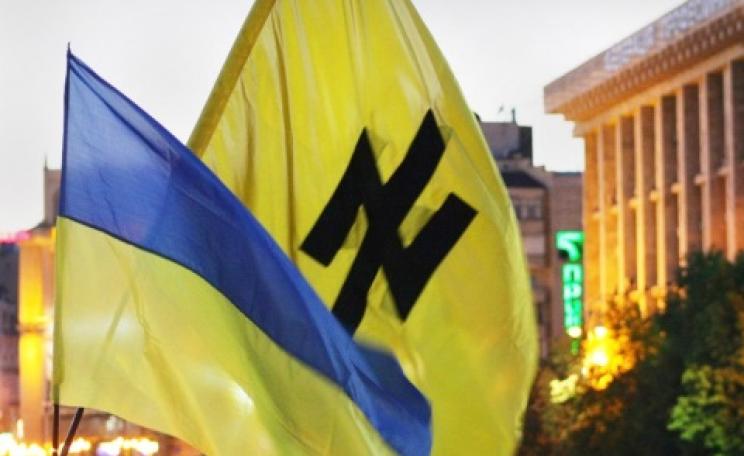 The Wolfsangel symbol of Adolf Hitler’s SS on a banner in Ukraine.