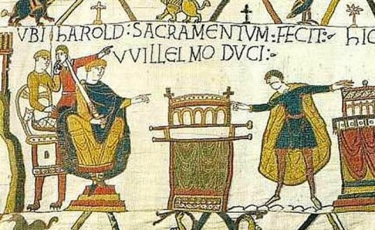The biggest stitch up since the Bayeux Tapestry? Here Harold Earl of Wessex is shown swearing an oath to deliver the English crown to Duke William of Normandy. Photo: Wikimedia Commons.