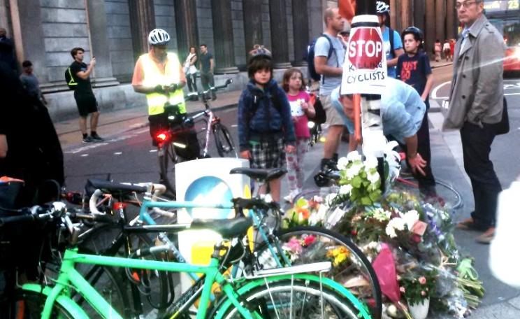 An event to commemorate Ying Tao, 26, who died on 22nd June at the scene of the crash at Bank junction, run over by a tipper truck. Photo: Donnachadh McCarthy.