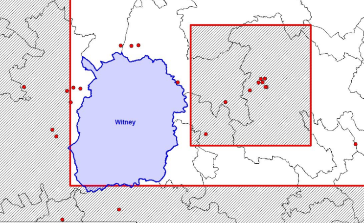 The 14th Onshore Round of Licencing map - detail showing David Cameron's Witney constituency's miraculous escape. Image: via Professor David Smythe.