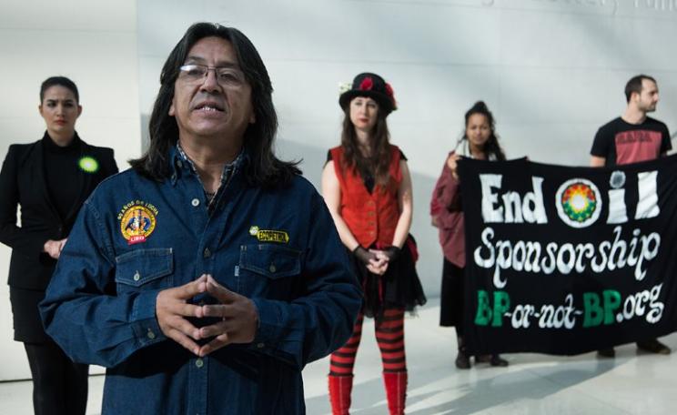 Colombian trade unionist Gilberto Torres taking part in a recent Art no Oil protest at the British Museum. He is taking BP to court over its alleged involvement in his 42-day kidnap and torture by a paramilitary group, during which he was kept in an insec