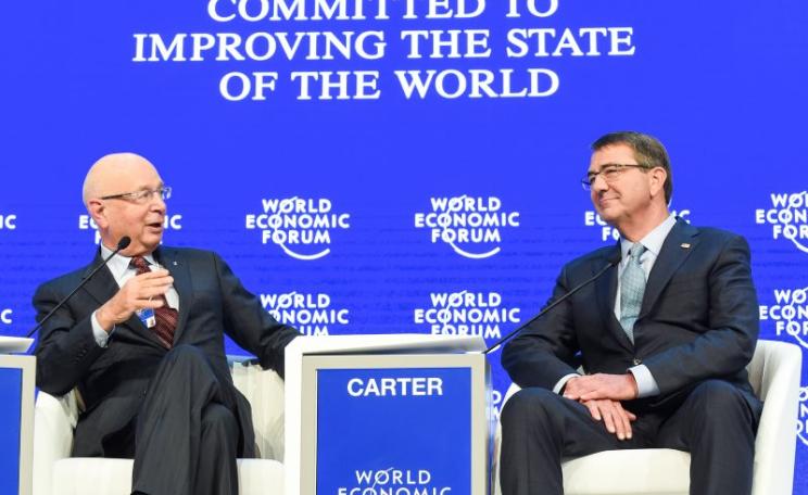 'Committed to Improving the State of the World' - of course they are! Secretary of Defense Ash Carter speaks with Mr. Klaus Schwab at WEF16 at Davos, Switzerland, 22nd January. Photo: US Army Sgt. 1st Class Clydell Kinchen / DoD via Flickr (CC BY).