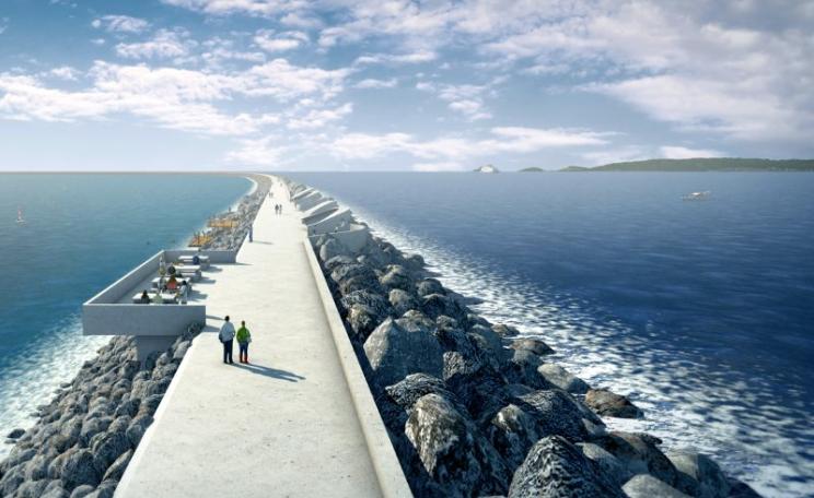 Artist's impression of the Swansea Bay Tidal Lagoon, which would, if built, generate almost 500 gigawatt hours of electricity per year. Image: preconstruct.com.
