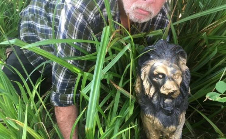 Bill Oddie in his front garden with 'Cecil' - named after Cecil the Lion, shot by a licenced hunter from the US in Zimbabwe on 1st July 2015.