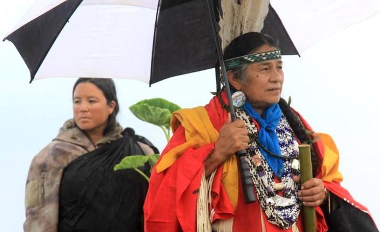 Chief Caleen Sisk holding an exchange with Hawai'ian sacred site custodians at the 2016 World Conservation Congress in Hawai'i. Photo: Sacred Land Film Project.