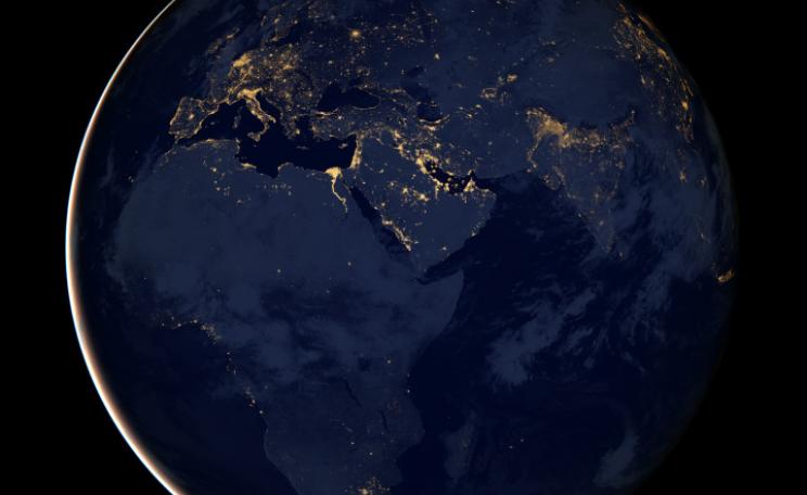 As the sun sets around the world, the lights are turned on, but in some places, there are more lights that others. (c) NASA